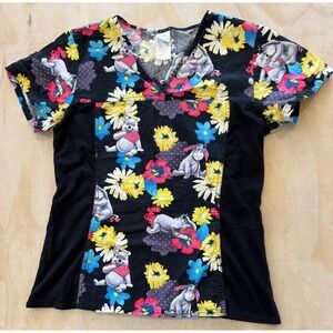 Disney Winnie the Pooh Eeyore Scrub Top Floral Black V-Neck Medical Small  Nurse
